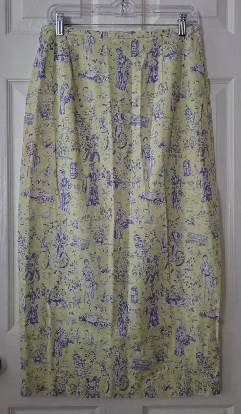 Sharon Young Vintage Yellow & Purple Toile Print Linen Blend Skirt Size 8